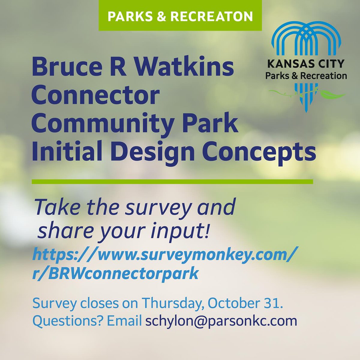 ParsonKC's tweet photo. Don't Delay! We want to hear from you about Bruce R. Watkins Connector Park initial design concepts! Survey closes TOMORROW, October 31. Take the survey now! https://t.co/FqwoQ7WUtD https://t.co/nJ8kxqKKaS