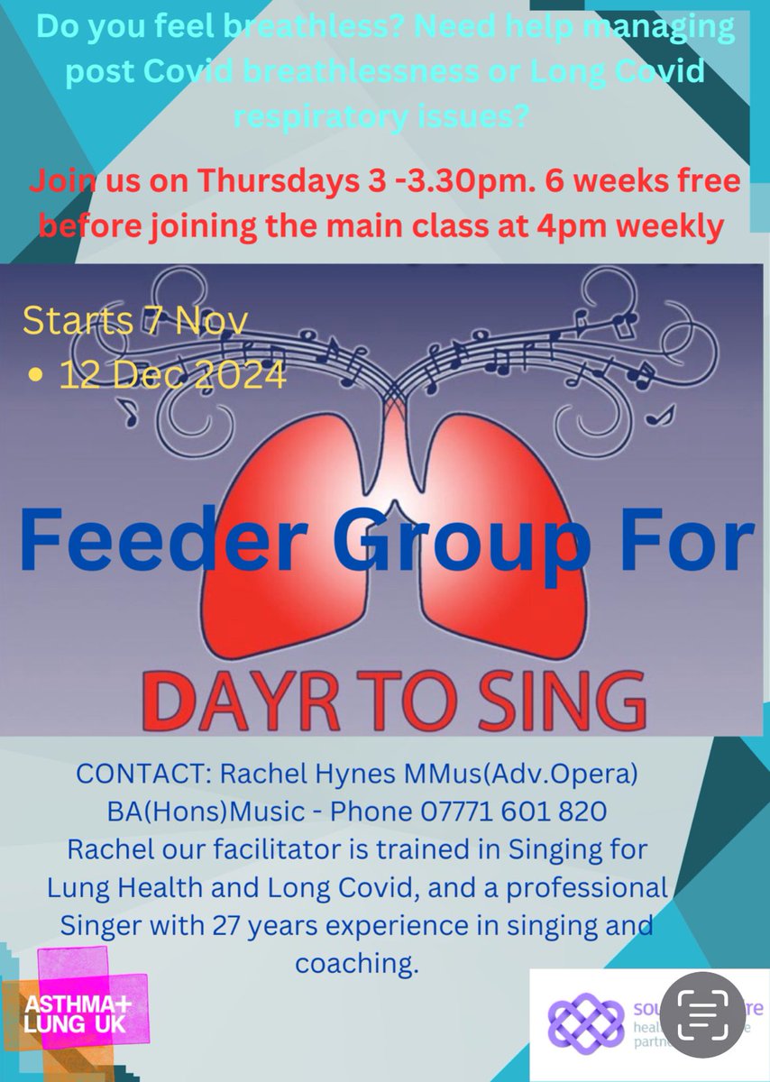 LaRadarina's tweet photo. Starting next Thursday, 7th November! Exciting feeder session for #DAYRToSing 6 weeks free 30 minute class to help people manage breathlessness aimed at people with lung conditions, including asthma & allergies, post Covid breathlessness & Long Covid. #BreatheToSingSingToBreathe https://t.co/PXh1otb4jZ