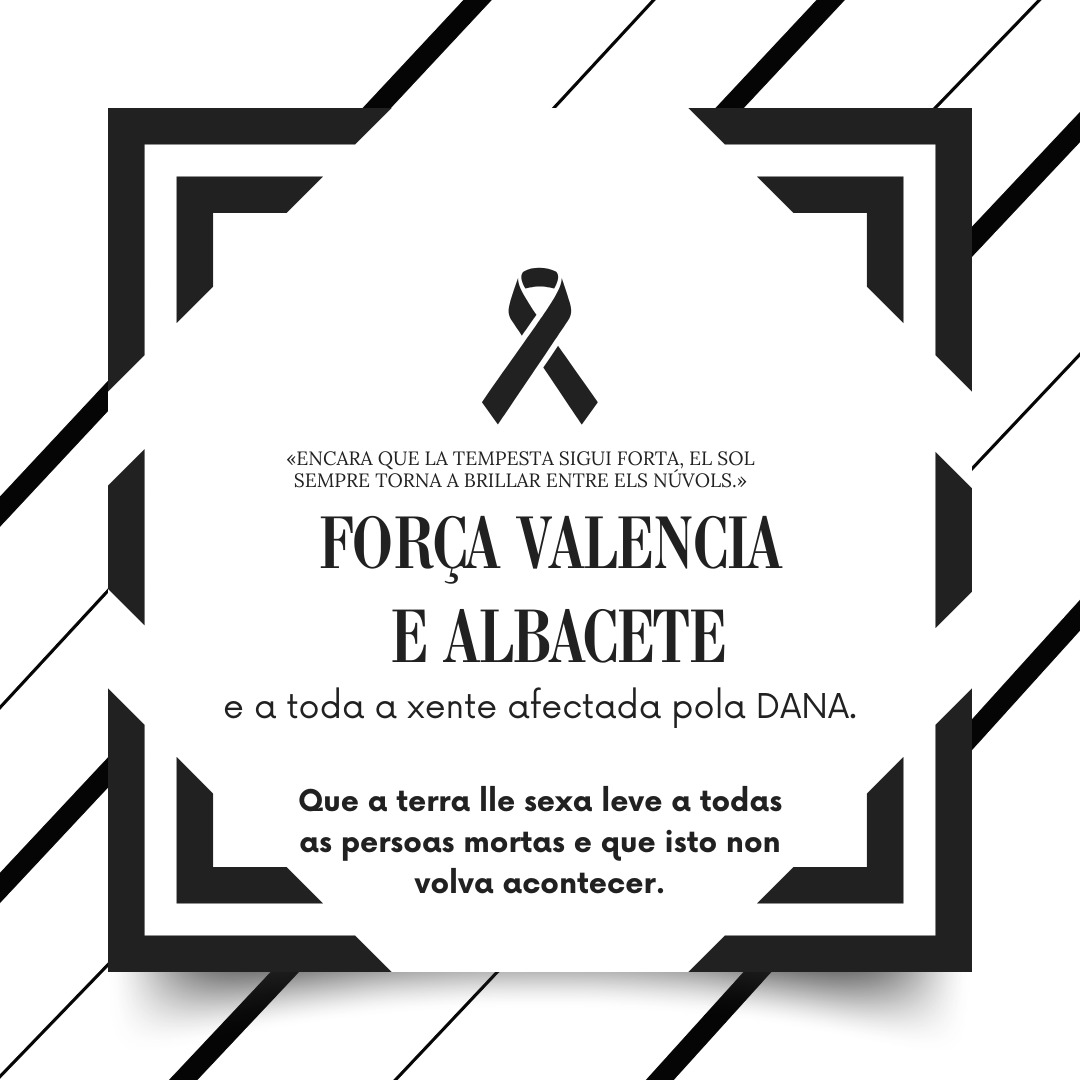 Queremos mandar as nosas condolencias a familiares e amizades das víctimas mortais.

E todo o noso apoio á poboación en xeral, en especial aos nosos compañeiros/as de <a href="/Eurodesk/">Eurodesk</a> da Comunidade Valenciana e Albacete e servizos de xuventude. 

FORZA, compas!