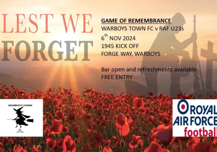 RAFFootballMDS's tweet photo. Up next for the U23s. We visit out friends @WarboysTownFC for our annual Remembrance game 6 Nov 24 https://t.co/aY2hr1iUPL