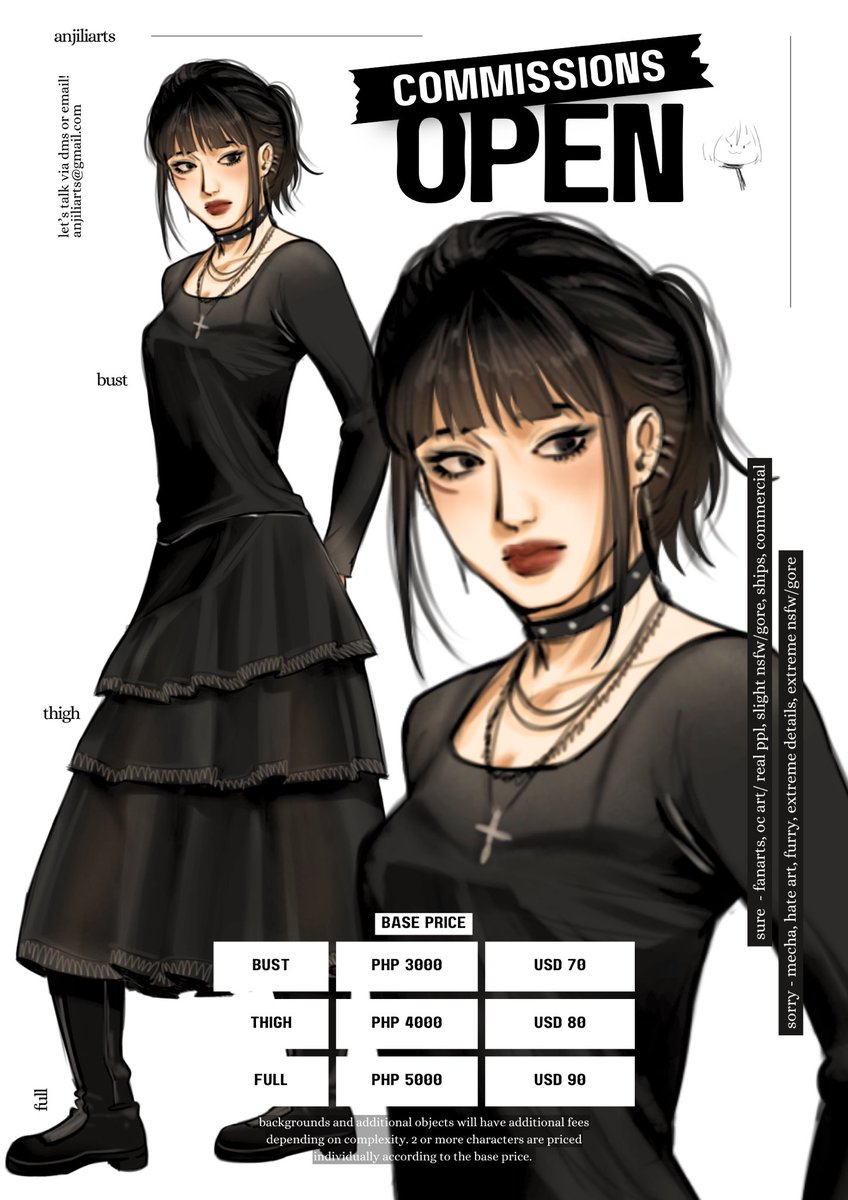 anjiliarts's tweet image. new comm sheet! i am opening two slots only. 💌

check my carrd for more info, located in my bio! or let&apos;s talk via dm! 

rt is appreciated tysmm 🖤
#commissionsopen #AttackOnTitan