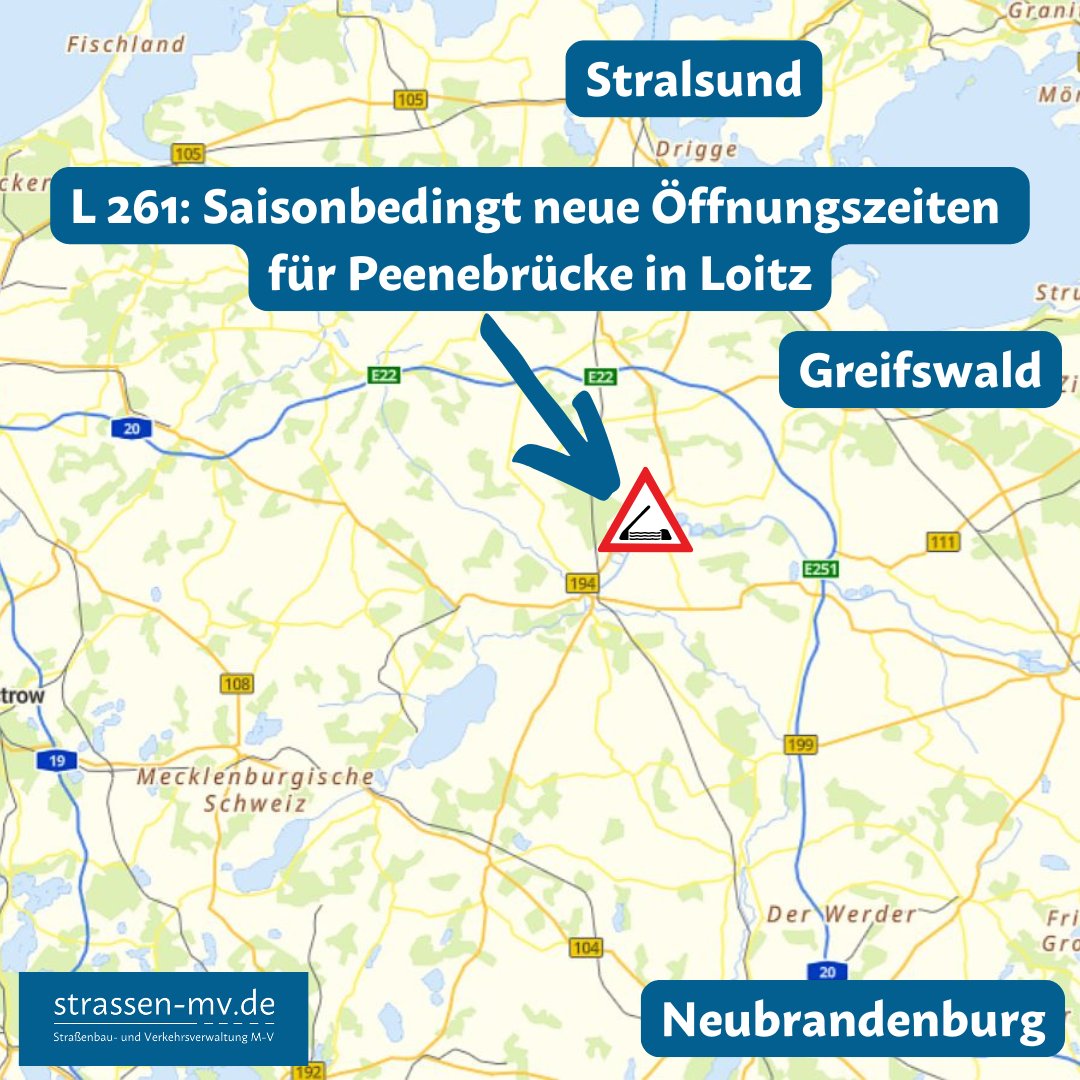 strassenmvde's tweet photo. #L261: Saisonbedingt ändern sich ab November 2024 die #Öffnungszeiten der #Peenebrücke in #Loitz (@KreisVG). Ab Freitag, 1. November 2024, finden hier keine regelmäßigen #Brückenöffnungen mehr statt. Mehr Infos: https://t.co/OV1LoSeCz8 https://t.co/K152OLqWdg