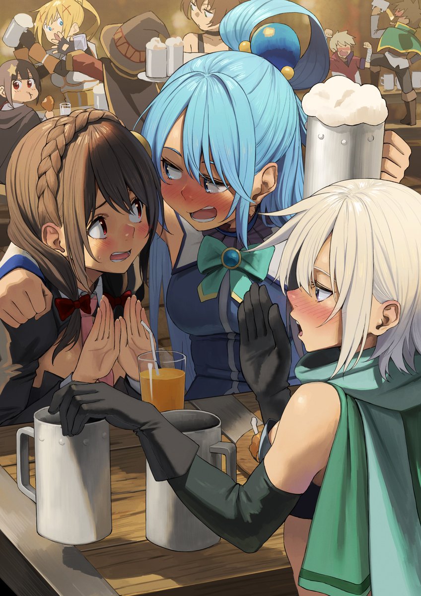 アクア(このすば) ,ダクネス(このすば) ,めぐみん(このすば) ,佐藤和真 ,ゆんゆん(このすば) 「『飲んでみなさい。飛ぶわよ。』 」|異澤のイラスト
