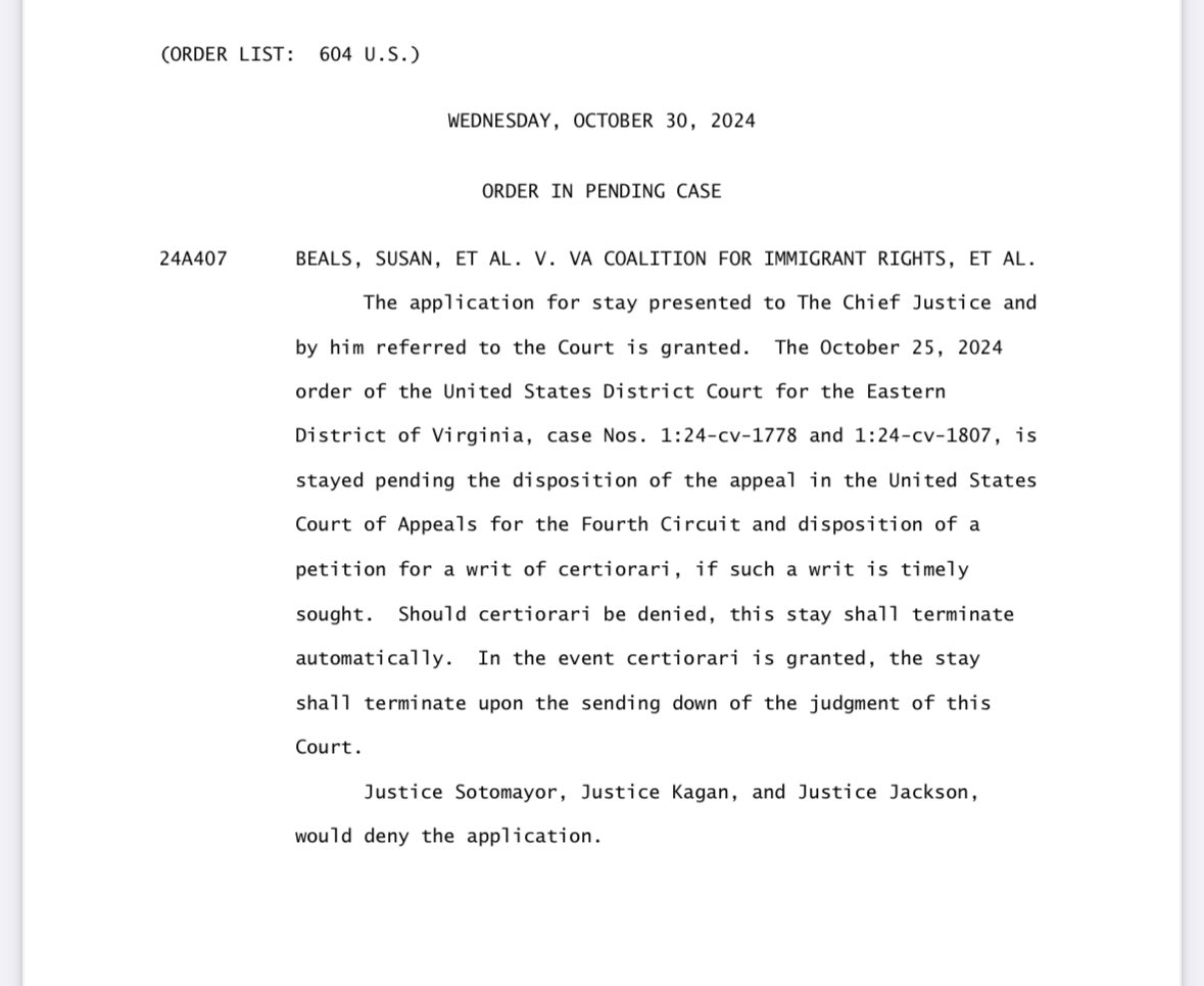 SCOTUS stays order requiring Virginia to reinstate self-identified non citizens to the voter rolls a week before Election Day!