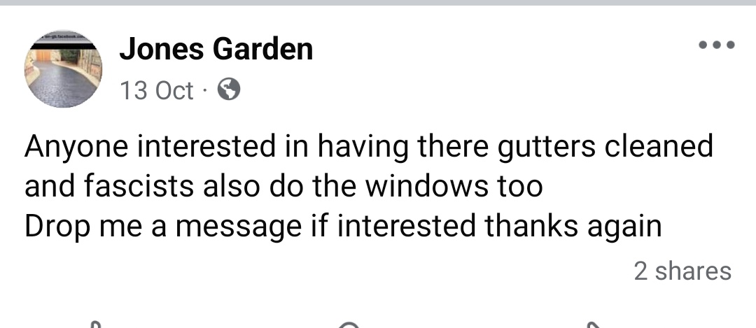 sue_lees's tweet image. How do you clean a fascist, or does Jones Garden work with a team of fascist window cleaners 🤔 #predictivetext
