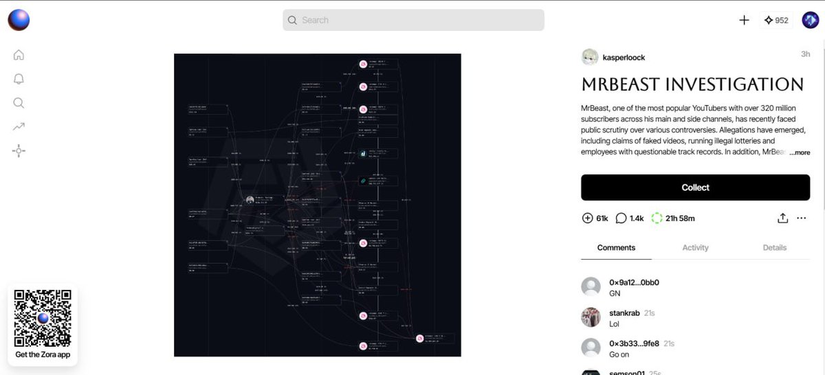 MrBeast Investigation
Limited Mint 24 Hours  [ Last NFT did 1000X  ]

-  Mint: ZORA (zora.co/collect/zora:0…)

- Buy &amp; Sell on Zora After END or via artrun.io
