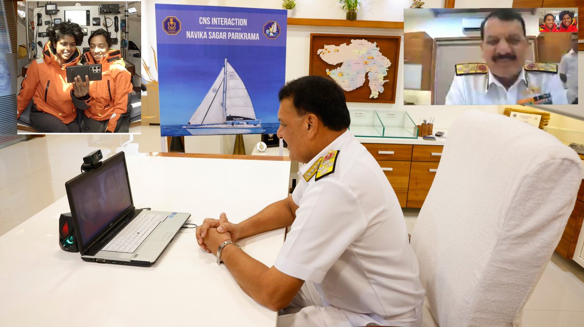 indiannavy's tweet photo. #NavikaSagarParikrama_II
#DiwaliCelebration
Adm Dinesh K Tripathi, #CNS spoke with the crew of #INSVTarini, Lt Cdr Dilna, and Lt Cdr Roopa via video call and conveyed #Diwali greetings to the Courageous Duo on behalf of the #IndianNavy & the Nation. 

Acknowledging their courage, resilience, and dedication, #CNS, commended their accomplishments in navigating challenges at sea and representing the strength of women in the Navy.

#CNS also conveyed best wishes for a joyful and safe journey. The Navy salutes their spirit this festive season!
#WomenInNavy
#NariShakti #NSP2