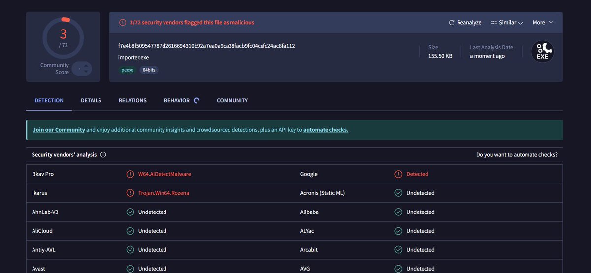 5mukx's tweet image. man .. why its always this 3 hits me up 😭

#maldev #testing #virustotal