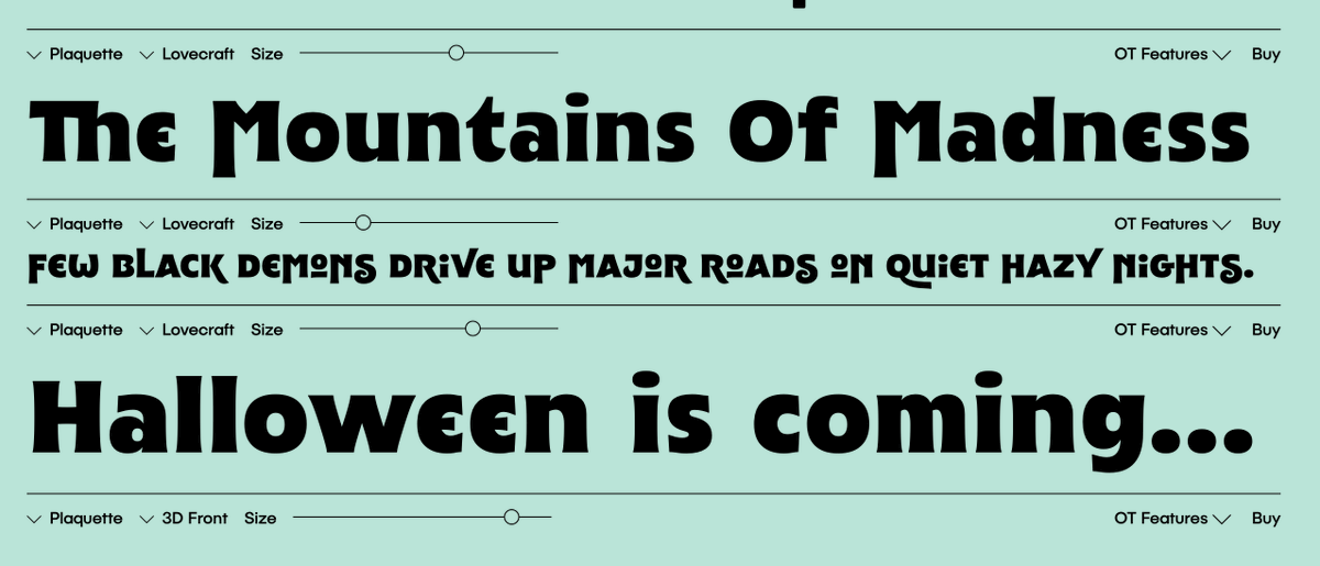 FaceType's tweet photo. BOO! Halloween is coming and you don’t have the right typeface yet? ‘Plaquette Lovecraft’ sure is a scary font ...👻🎃👹
https://t.co/zh0Ms0j3Ol #halloween #font https://t.co/SoGtVlu9aC