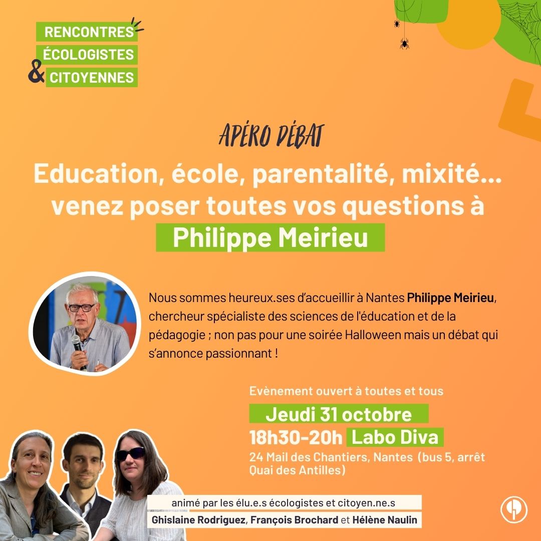ElusEcoloNantes's tweet photo. 📅 Demain nous vous proposons un échange à bâtons rompus avec Philippe Meirieu, grand chercheur et militant en sciences de l’éducation. Toutes vos questions sur l’école, la parentalité, la mixité scolaire, etc. sont les bienvenues !
👉 Événement gratuit et ouvert à tousTES. https://t.co/1d1IKzLmRG