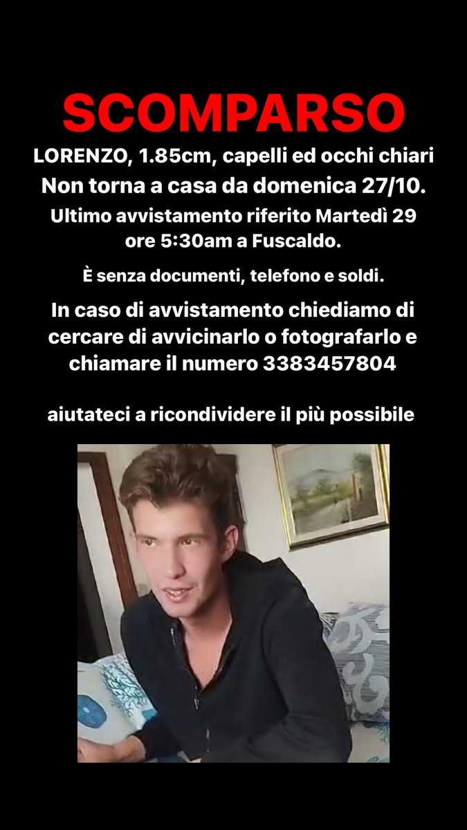 blvesunday's tweet photo. non avrei mai pensato di fare questo post.
Mio cugino è scomparso. 
La polizia sta setacciando la zona di Fuscaldo da due giorni ma non riescono a trovarlo
Perfavore aiutatemi a condividere questo tweet https://t.co/pfNhOFQauf