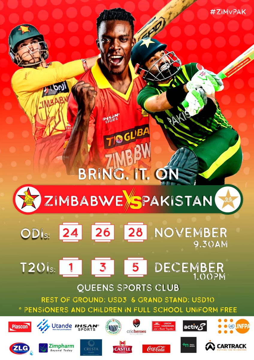 ZimCricketv's tweet photo. To the City of Kings and Queens . . . Zimbabwe will face Pakistan in an exciting white-ball series this November-December.

You won’t want to miss the action! 🔥

#ZIMvPAK #VisitZimbabwe https://t.co/ZNFLJMmXzZ