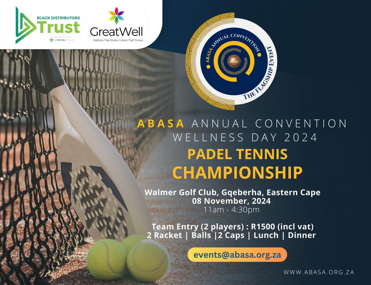 ABASA_National's tweet photo. Get ready for a day of excitement, wellness, and friendly competition at the ABASA Annual Convention Wellness Day 2024 - Padel Tennis Championship in partnership with GreatWell and Black Distributors Trust.
#ABASA39 #AccountingForDemocracy #LeadingforLegacy https://t.co/1YaA8CjLUh