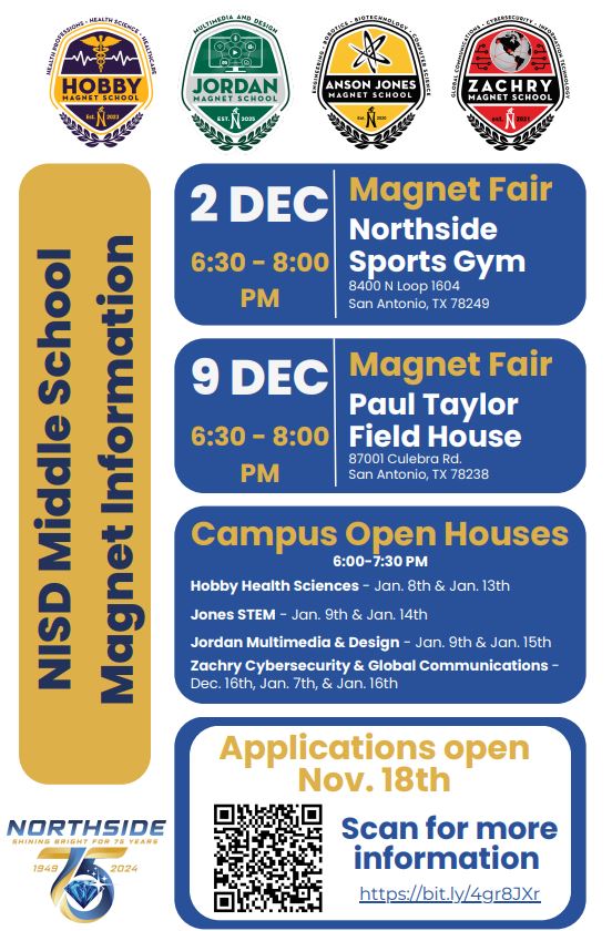 donnel_es's tweet photo. 🎉 Exciting News: Level up your child's middle school experience with our Northside ISD Magnet Programs! These programs are designed to fuel curiosity and ignite passion tailored to each student's unique interests and career dreams.
@NISDFranklinES @NISD @NISDCounseling https://t.co/e7NE9RKXbS