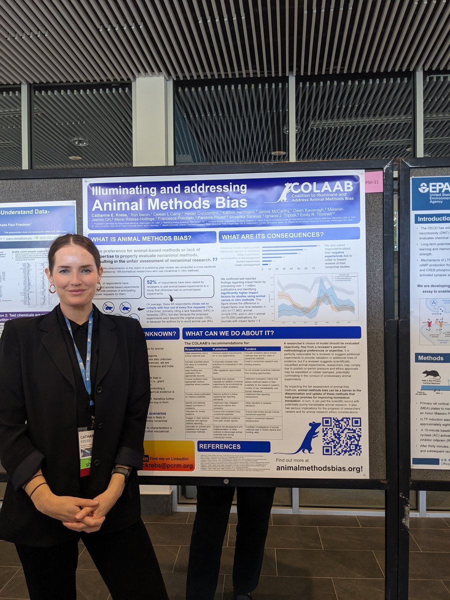 Catharine E. Krebs of the COLAAB and <a href="/PCRM/">Physicians Committee</a> presented a poster on #AnimalMethodsBias at #ASCCT this week! She discussed what we know about this phenomenon, its damaging effects on researchers who use #NAMs, what remains TBD, and our recommendations for overcoming it.