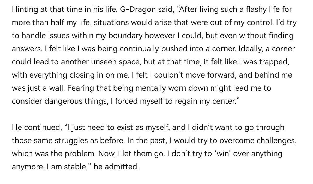WhiteTamar1's tweet photo. oh god GD. You are really strong 😭. 

"Fearing that being mentally worn down might lead me to consider dangerous things, I forced myself to regain my center." 🤧
...
"Now, I let them go. I don’t try to ‘win’ over anything anymore. I am stable,”

#GDRAGON just be happy.
You quiz https://t.co/k7tAkhkmfi