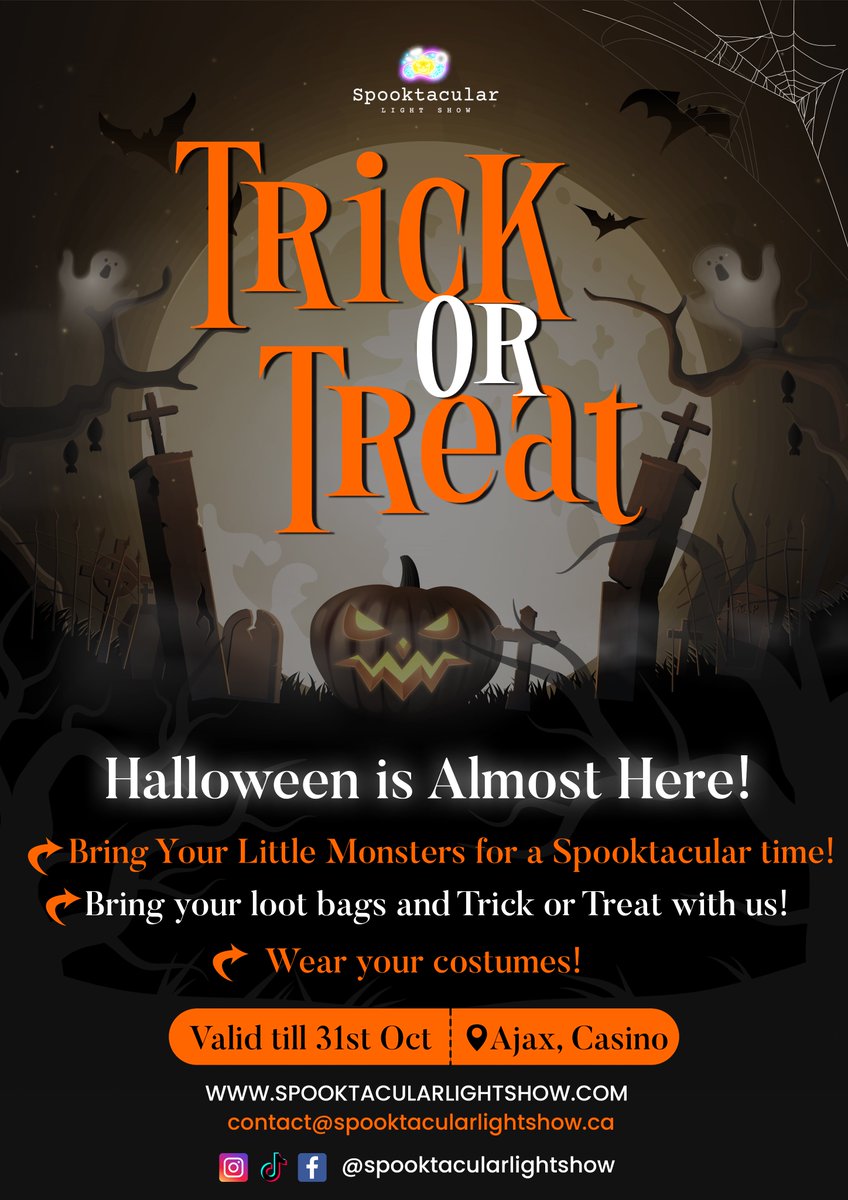 Spooktacularli's tweet photo. 🎃✨ Join Us for a Spooktacular Light Show! ✨🎃

Get ready for a Halloween night filled with magic and fun for the whole family! Our Spooktacular Light Show is the perfect way to celebrate the season.

👻 Trick or Treat Fun: Kids can enjoy trick-or-treating for a bunch of goodies! 🍬🍭

🎃 Family-Friendly Entertainment: Bring your loved ones and experience the enchanting light displays that will leave you in awe.

✨ Memorable Moments: Capture the magic of Halloween with dazzling lights and festive decorations.

Don’t miss out on this spooktacular event! Come and enjoy a night of light, laughter, and treats. We can’t wait to see you there! 🎃✨

#SpooktacularLightShow #HalloweenFun #FamilyEvent #TrickOrTreat #LightShowMagic