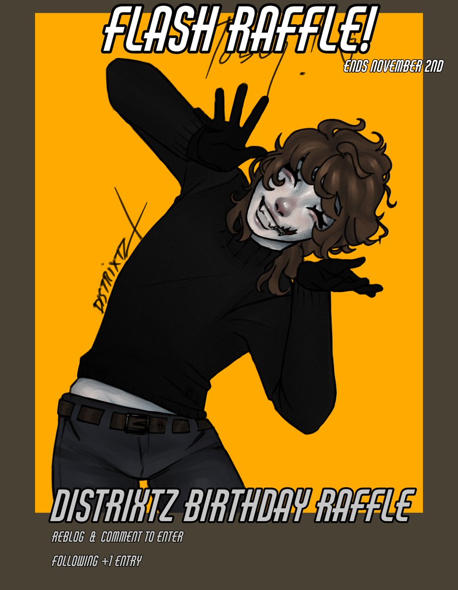 distrixtz's tweet photo. FLASH RAFFLE!
1st - 75€ commission 
2nd - 50€ commission 
3rd- 30€ commission 
RETWEET + COMMENT
FOLLOWING IS AN EXTRA ENTRY
ENDS NOV 2ND!
#art #artraffle #digitalart #artist #digitalartist https://t.co/PWo6Q2zwe8