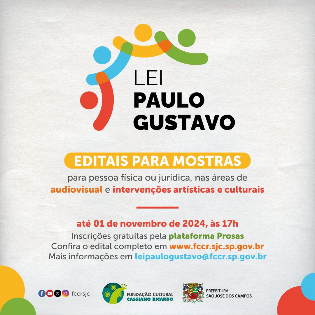 fccrsjc's tweet photo. A #Fundação Cultural Cassiano Ricardo recebe até o próximo dia 1º de novembro, às 17h, as #inscrições para dois editais da Lei Paulo Gustavo, que disponibilizam R$ 665 mil em recursos para #projetos de São José dos Campos. https://t.co/KjT2FLVxrr