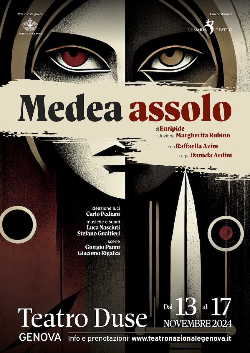 "Un demone sta infuriando contro questa casa... Non riesco a trovare pace." Medea
"Medea assolo" di Euripide, riduzione Margherita Rubino, regia Daniela Ardini, con Raffaella Azim
dal 13 al 17 novembre, Teatro Duse Genova
Prenot: teatronazionalegenova.it / 010 5342 720