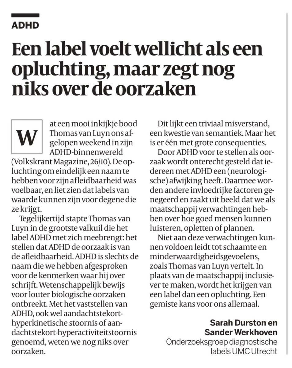 Vandaag in de Volkskrant, Sander Werkhoven en ik over waarom ADHD geen oorzaak is van afleidbaarheid