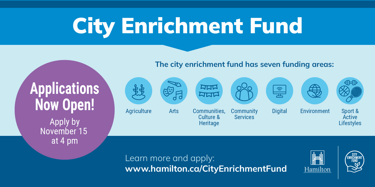 cityofhamilton's tweet photo. Want to learn more about the City Enrichment Fund process, eligibility, and how to apply? Visit our website. The deadline to apply is November 15, 2024. https://t.co/tEicjht7iw #HamOnt https://t.co/nRbKq29znE