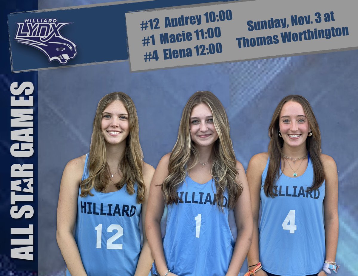 Come cheer on our senior all stars on Sunday, November 3 at Thomas Worthington HS!  Go Lynx!🏑
Audrey 10:00
Macie 11:00
Elena 12:00