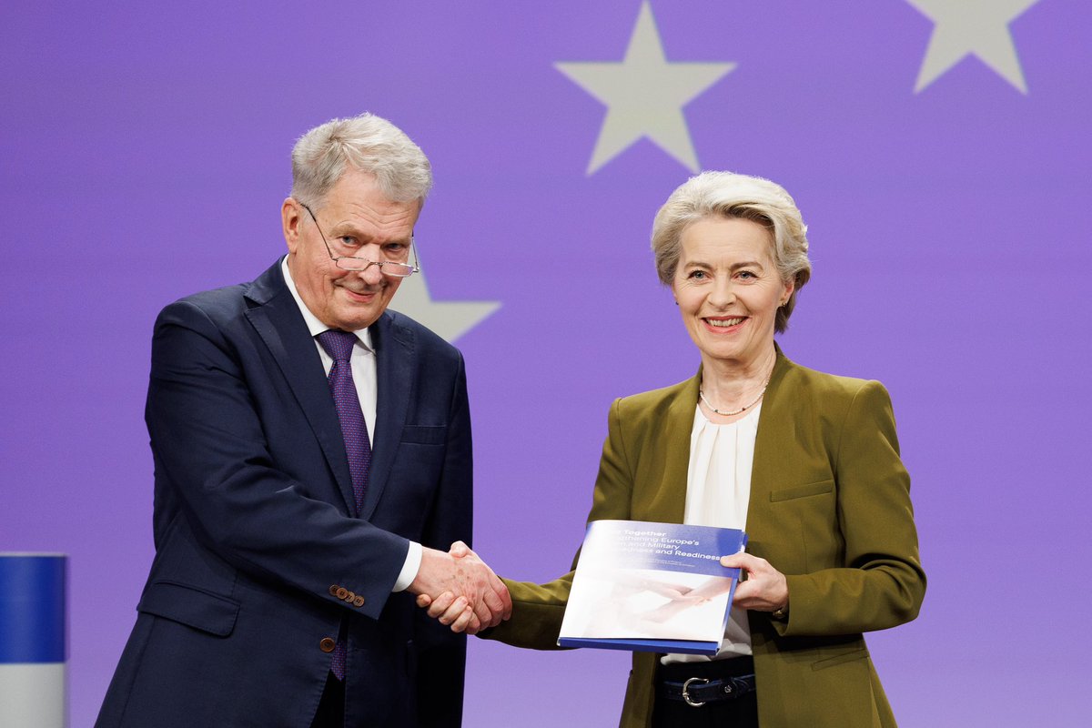 Finland in EU (@finlandineu) on Twitter photo Former 🇫🇮 President <a href="/niinisto/">Sauli Niinistö</a> presented his report on strengthening Europe’s civilian and military readiness to @EUcommission. Requested by <a href="/vonderleyen/">Ursula von der Leyen</a>, the report suggests seven findings & nine steps for 🇪🇺preparedness. Member states will now review it for further discussions. Former 🇫🇮 President <a href="/niinisto/">Sauli Niinistö</a> presented his report on strengthening Europe’s civilian and military readiness to @EUcommission. Requested by <a href="/vonderleyen/">Ursula von der Leyen</a>, the report suggests seven findings & nine steps for 🇪🇺preparedness. Member states will now review it for further discussions.