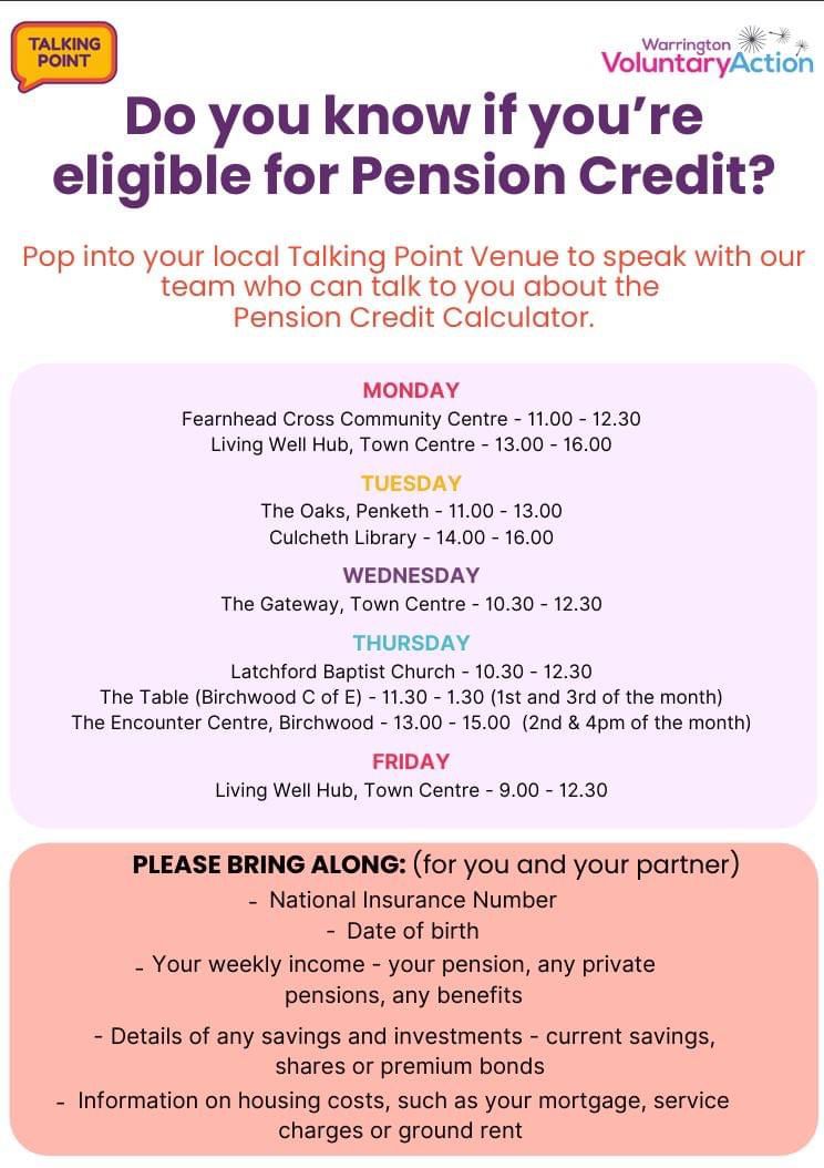 Warrington Housing Association (@whaorguk) on Twitter photo Wondering if you could be getting more support in retirement?
Chat with a team member at your local <a href="/WarringtonVA/">Warrington VA</a> Talking Point venue to see if you qualify for Pension Credit.
It’s a quick, friendly way to check, and you might find you're eligible for extra help! Wondering if you could be getting more support in retirement?
Chat with a team member at your local <a href="/WarringtonVA/">Warrington VA</a> Talking Point venue to see if you qualify for Pension Credit.
It’s a quick, friendly way to check, and you might find you're eligible for extra help!