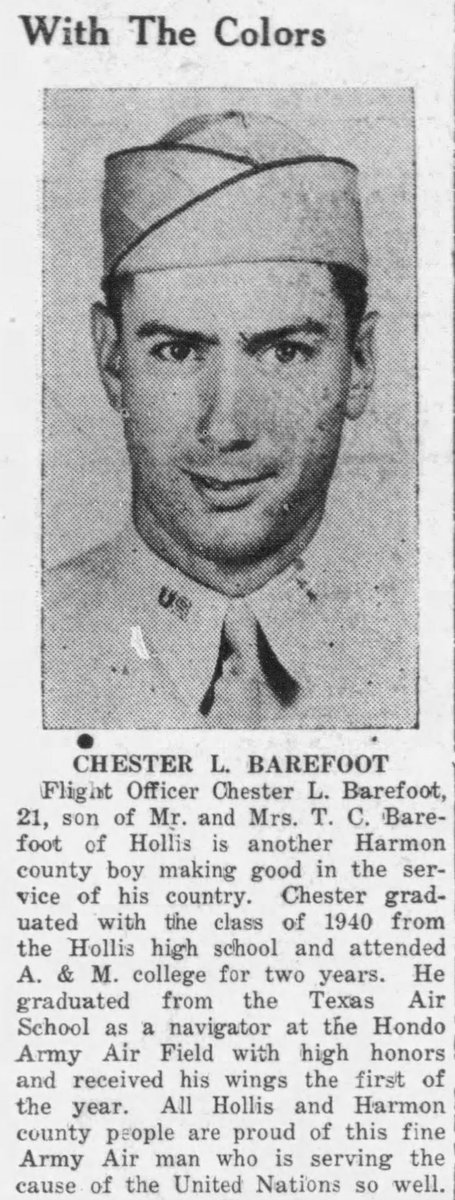 WW2Researcher's tweet image. 1st Lieutenant Chester L. Barefoot, of Hollis, Oklahoma, and the 506th Bomb Squadron, was downed over Ost Steinbeck, Germany, on October 30, 1944, 80 years ago today. @WW2Researcher @okhistory @Mighty8thMuseum @IWMDuxford #44thBombGroup