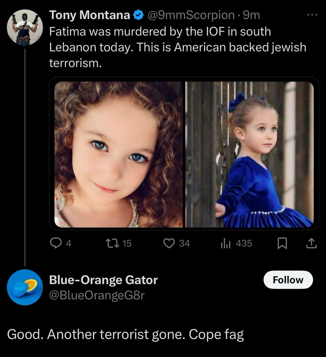 It took less than 9 minutes for a Christian zionest or jew to say this about a child. 9 minutes.