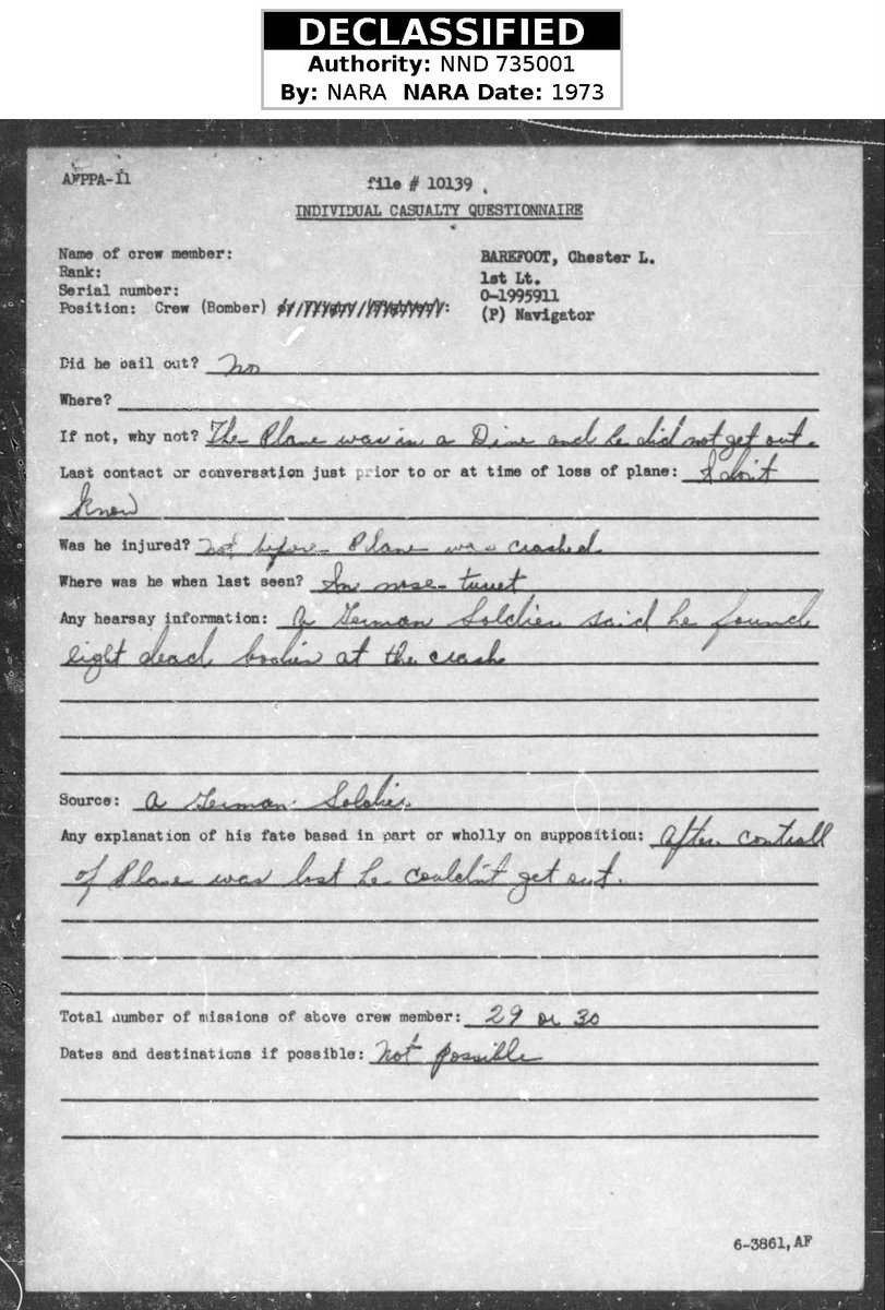 WW2Researcher's tweet image. 1st Lieutenant Chester L. Barefoot, of Hollis, Oklahoma, and the 506th Bomb Squadron, was downed over Ost Steinbeck, Germany, on October 30, 1944, 80 years ago today. @WW2Researcher @okhistory @Mighty8thMuseum @IWMDuxford #44thBombGroup