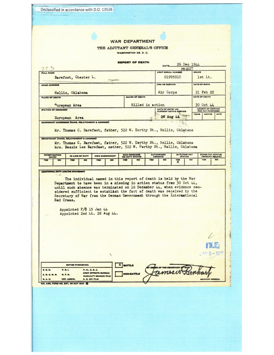 WW2Researcher's tweet image. 1st Lieutenant Chester L. Barefoot, of Hollis, Oklahoma, and the 506th Bomb Squadron, was downed over Ost Steinbeck, Germany, on October 30, 1944, 80 years ago today. @WW2Researcher @okhistory @Mighty8thMuseum @IWMDuxford #44thBombGroup