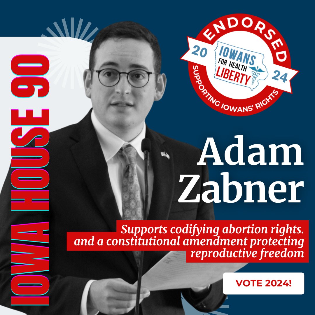 We’re proud to endorse Adam Zabner for Iowa House District 90! Adam is fighting for reproductive rights and healthcare freedom.

📲 Learn more at zabnerforia.com

Learn more and support the work of #Iowans4HealthLiberty

iowans4healthliberty.com/donate-to-supp…