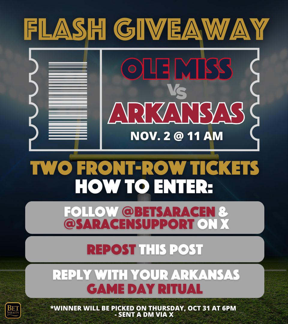 ANOTHER FLASH GIVEAWAY!! ⚡️ Starting now until Thursday, Oct. 31 at 6PM, we are giving one lucky bettor a chance to win 2 FRONT ROW TICKETS to Saturday's game against Ole Miss! 🔥

1️⃣ Follow <a href="/BetSaracen/">BetSaracen</a> and <a href="/SaracenSupport/">Saracen Support</a> on X
2️⃣ Repost this post
3️⃣ Reply with your favorite