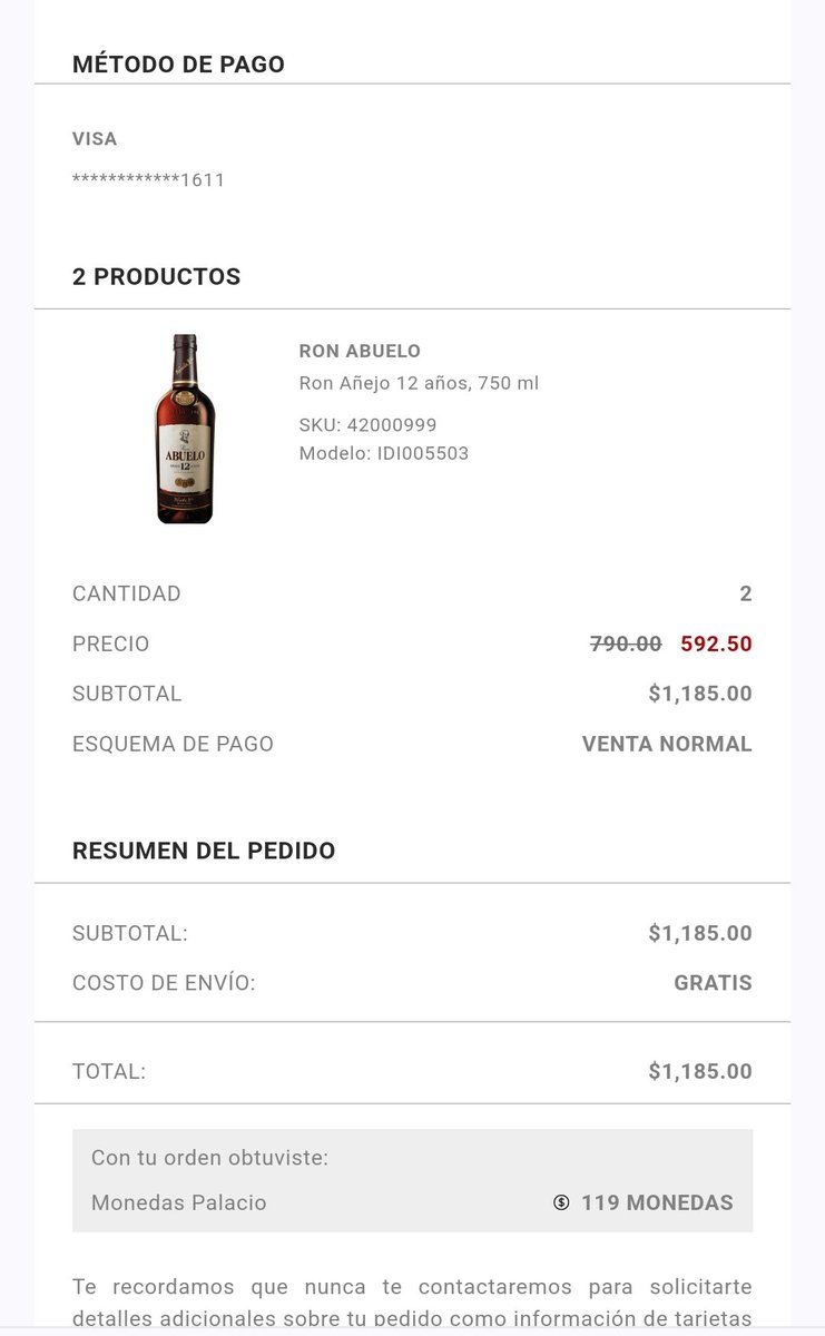 Elquesoyahora's tweet photo. Pésima idea comprar en @palaciohierro en línea!
Compré dos rones #RonAbuelo 12 años y me mandaron 2 Bacardis Blancos.
Y llevan 2 semanas con la evidencia siguen sin hacerse responsables ni contestar mi solicitud.
Palacio de Hierro #Apestas https://t.co/2JQ0SAcSlK
