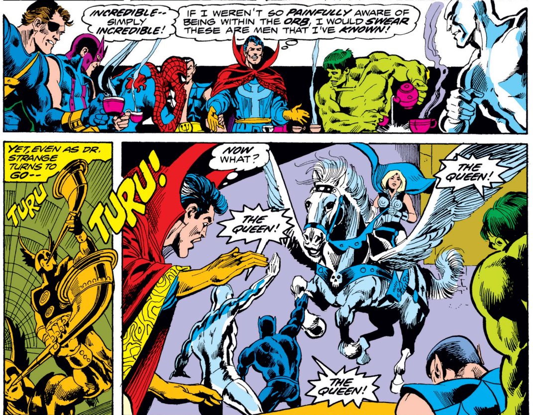 MarvelADay's tweet photo. #MarvelADay #Strange2
After re-inhabiting his body, Stephen makes his apologies and prepares to leave. Before he can make it out the door, the queen arrives and gets everyone worked up. Given everyone else he's met in the orb, it really had to be Valkyrie as the queen.
JH https://t.co/CVKkUaXFgo