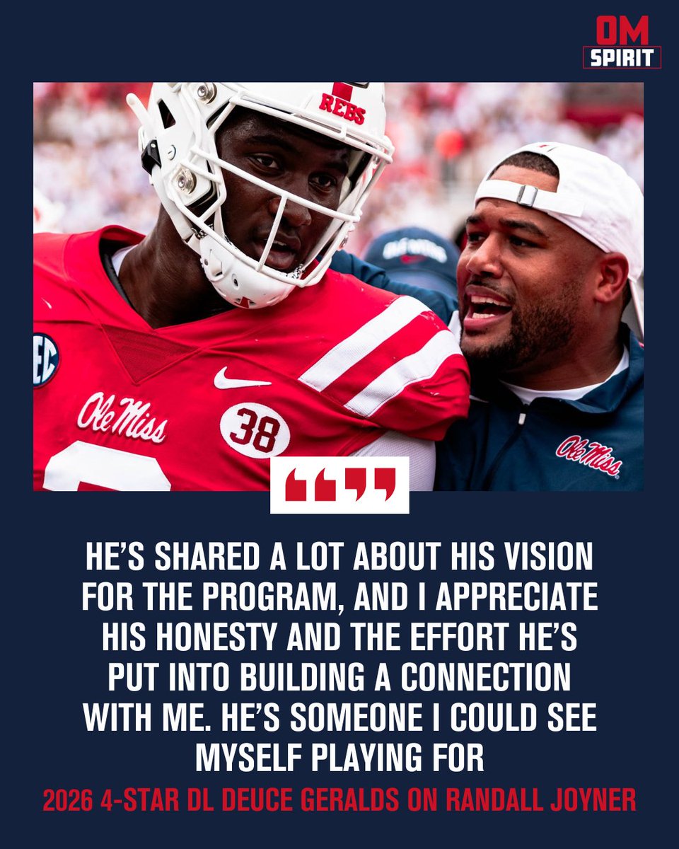 Ole Miss' DL is No. 1 in the nation in rushing defense and No. 2 in sacks. And recruits are starting to notice the work Randall Joyner and Co., are doing.

2026 4-star Deuce Geralds is the latest. @OMSpiritOn3 has more here 🗣️🦈 

🗞️ on3.com/teams/ole-miss…
