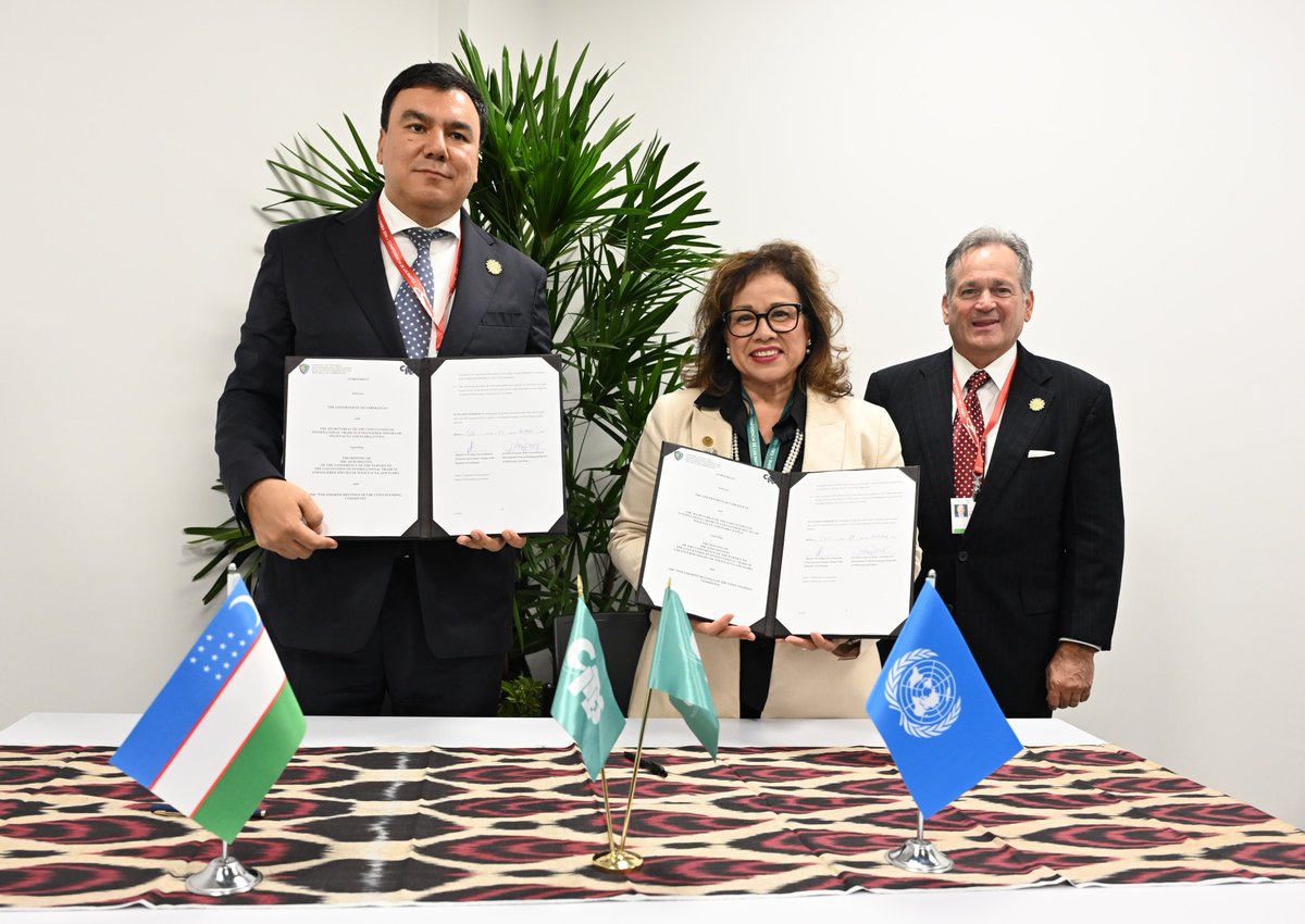 CITES (@cites) on Twitter photo Samarkand 🇺🇿 will officially host #CITESCoP20 in 2025!
The host country agreement was signed ahead of schedule at #COP16Colombia by Minister Aziz Abdukhakimov and CITES S-G <a href="/ivonnehiguero/">Ivonne Higuero</a> with Minister <a href="/juancanavarro/">Juan Carlos Navarro</a> transferring the presidency from Panama 🇵🇦 to Uzbekistan 🇺🇿 Samarkand 🇺🇿 will officially host #CITESCoP20 in 2025!
The host country agreement was signed ahead of schedule at #COP16Colombia by Minister Aziz Abdukhakimov and CITES S-G <a href="/ivonnehiguero/">Ivonne Higuero</a> with Minister <a href="/juancanavarro/">Juan Carlos Navarro</a> transferring the presidency from Panama 🇵🇦 to Uzbekistan 🇺🇿