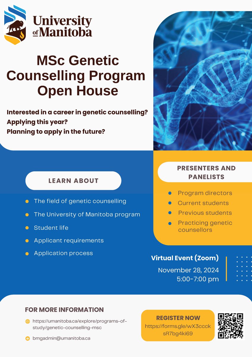 um_bmg's tweet photo. MSc Genetic Counselling Open House Nov 28 (5-7pm CST). 

Curious about what a genetic counsellor does? Planning on applying to GC programs? Learn more about the field, the application process, and student life through this online event. 

Register here: https://t.co/N6kR4MwyeF https://t.co/XA55VKUppJ