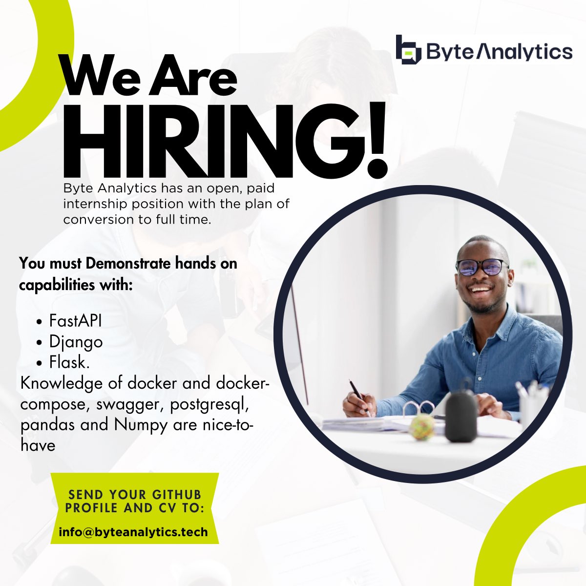 ByteAnalytics_'s tweet image. Tell a friend to tell a friend, byte analytics is now hiring interns.
If you’ve always wanted to develop your career in the tech space, here’s your chance to do so!!
#hiring #byteanalytics #techcareer #applynow