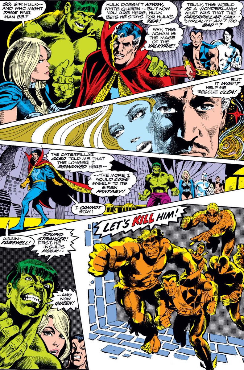 MarvelADay's tweet photo. #MarvelADay #Strange2
He's intrigued by the whole setup but remembers the caterpillar's warning about getting too comfortable with unreality and knowing that this doesn't get him any closer to saving Clea, he makes to leave again. This time, everyone wants to kill him!
JH https://t.co/GATOjMG18d