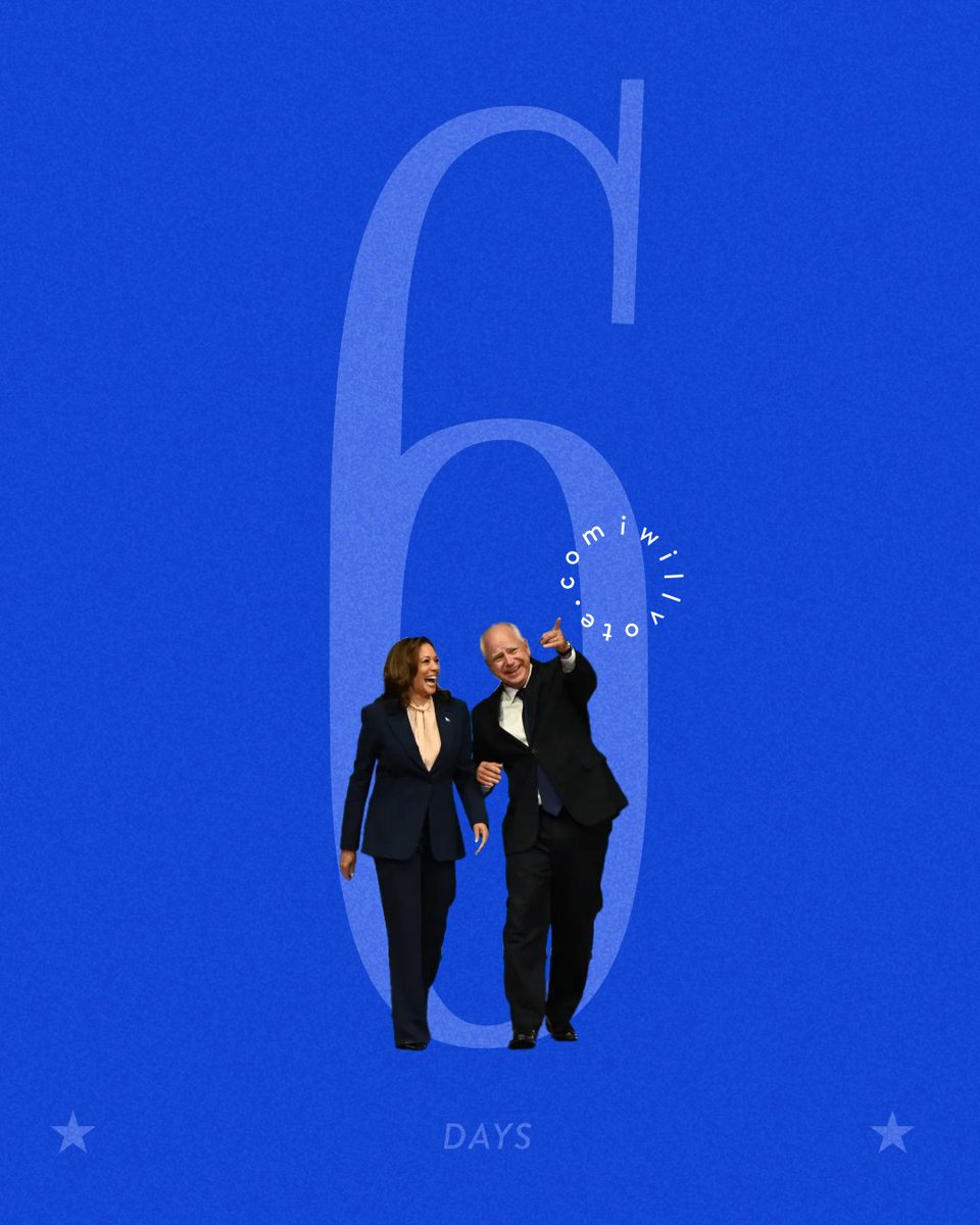 JGibsonDem's tweet image. 6 more days until the voters give Donald Trump a punishment day at the ballot box by electing Kamala Harris for President. #DefeatTrump #HarrisWalz2024