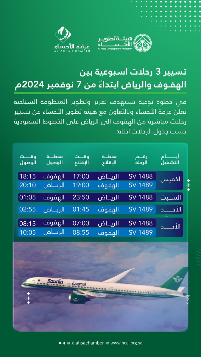 في خطوة نوعية تستهدف تعزيز وتطوير المنظومة السياحية تعلن #غرفة_الأحساء وبالتعاون مع #هيئة_تطوير_الأحساء عن تسيير رحلات مباشرة من الهفوف إلى الرياض على الخطوط السعودية حسب جدول الرحلات أدناه :