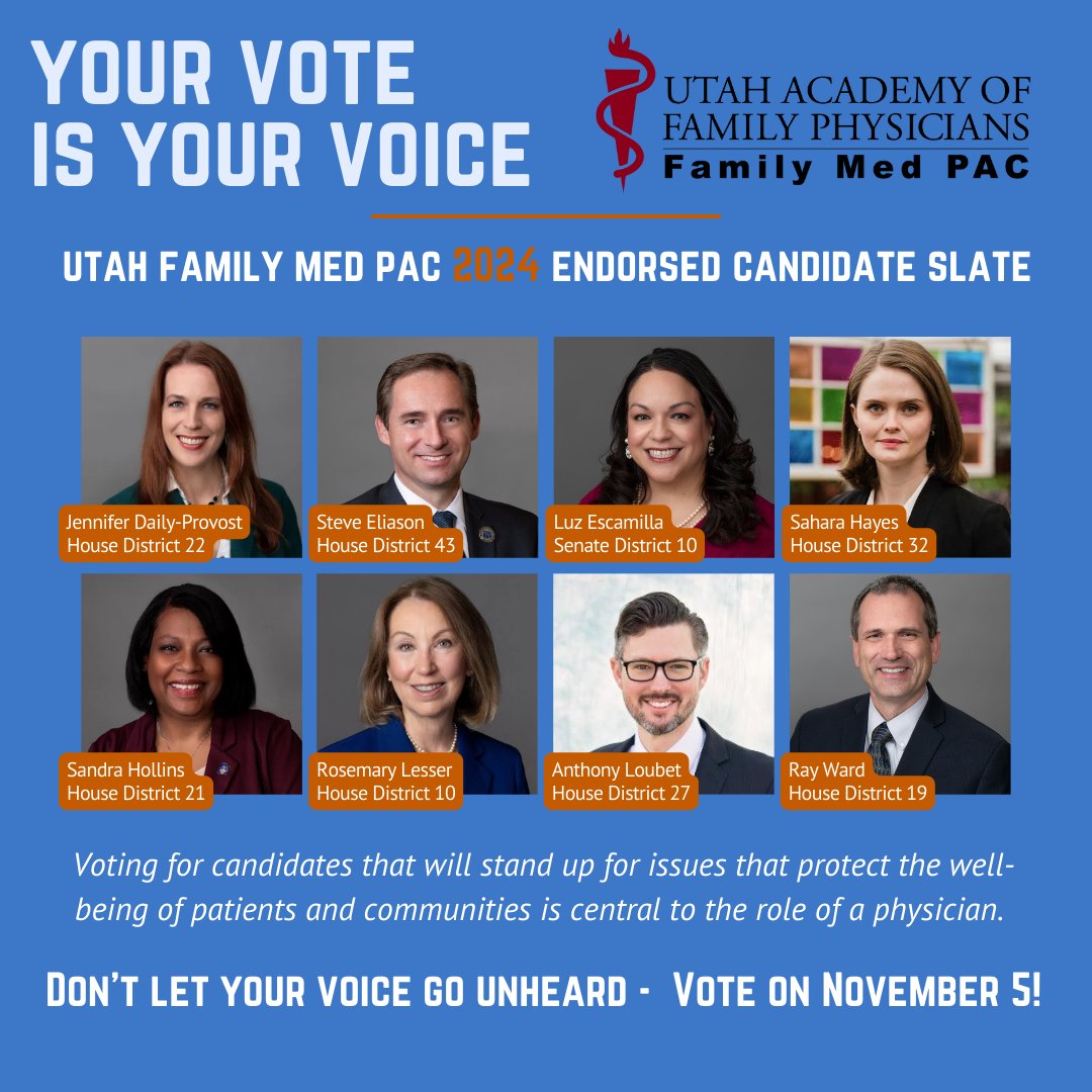 Utah_AFP's tweet image. The UAFP PAC (Utah Fam Med PAC) has endorsed candidates for the 2024 general election. These are candidates who have shown strong support for the important issues that directly affect family physicians and/or their patients. utahafp.org/2024-utah-fam-… #utpol