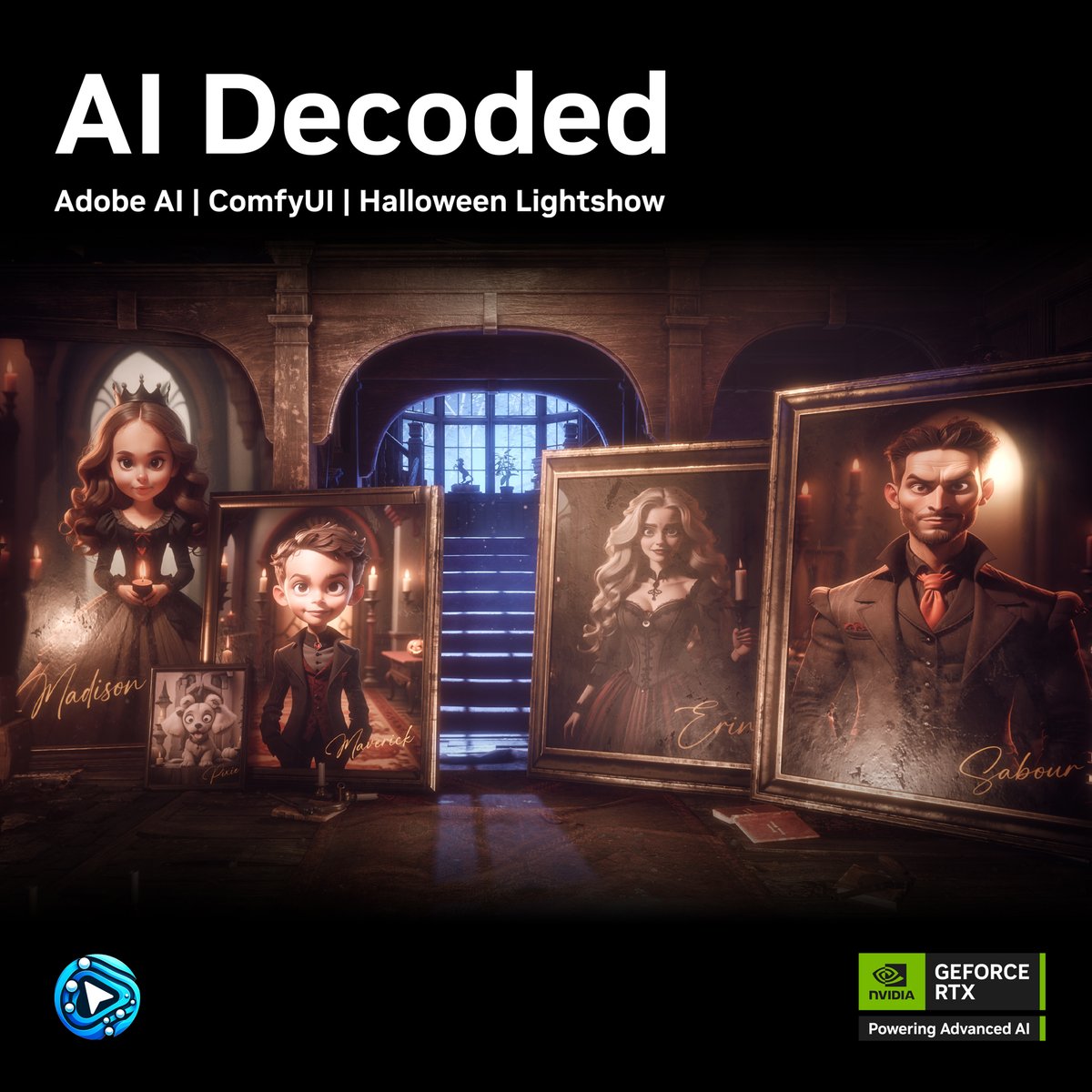 NVIDIAStudio's tweet photo. Enter if you dare! 💀🎃
Sabour Amirazodi turned his home into a ‘Haunted Sanctuary’ with spooky portraits of his family. 🖼️
👀 Discover the #AIonRTX workflow behind the terror using @ComfyUI & @Adobe Photoshop & Firefly in this week's #AIDecoded: https://t.co/gzNqOGCh7t https://t.co/5YBQzKoEpj