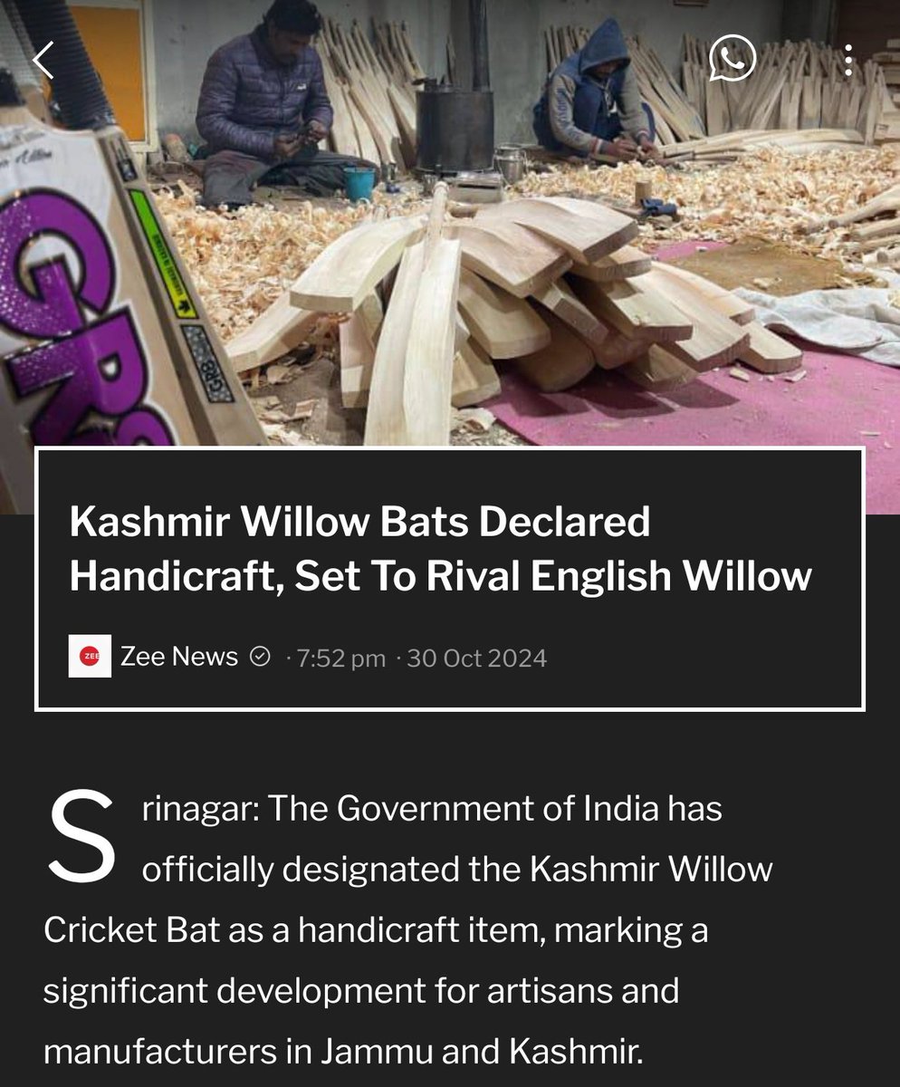 Advocateklp's tweet photo. The Government of India has Officially designated the Kashmir willow Cricket bat as a Handicraft item, Marking a significant development for artisans and Manufacturers In Jammu and Kashmir. #KashmirWillow #Willow #Handicraft 
And the Kashmir willow will get GI(Geographical https://t.co/mlQuCl7nC9