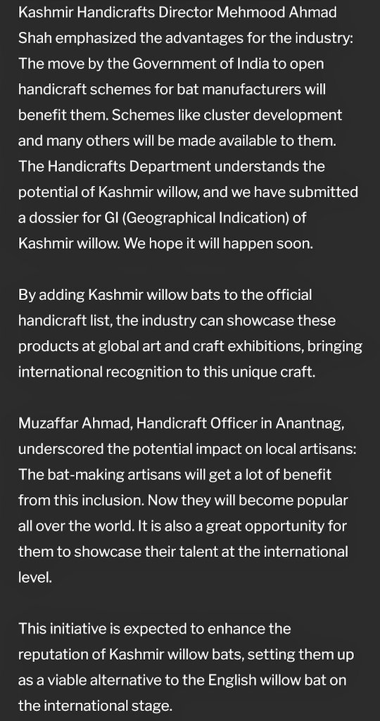 Advocateklp's tweet photo. The Government of India has Officially designated the Kashmir willow Cricket bat as a Handicraft item, Marking a significant development for artisans and Manufacturers In Jammu and Kashmir. #KashmirWillow #Willow #Handicraft 
And the Kashmir willow will get GI(Geographical https://t.co/mlQuCl7nC9