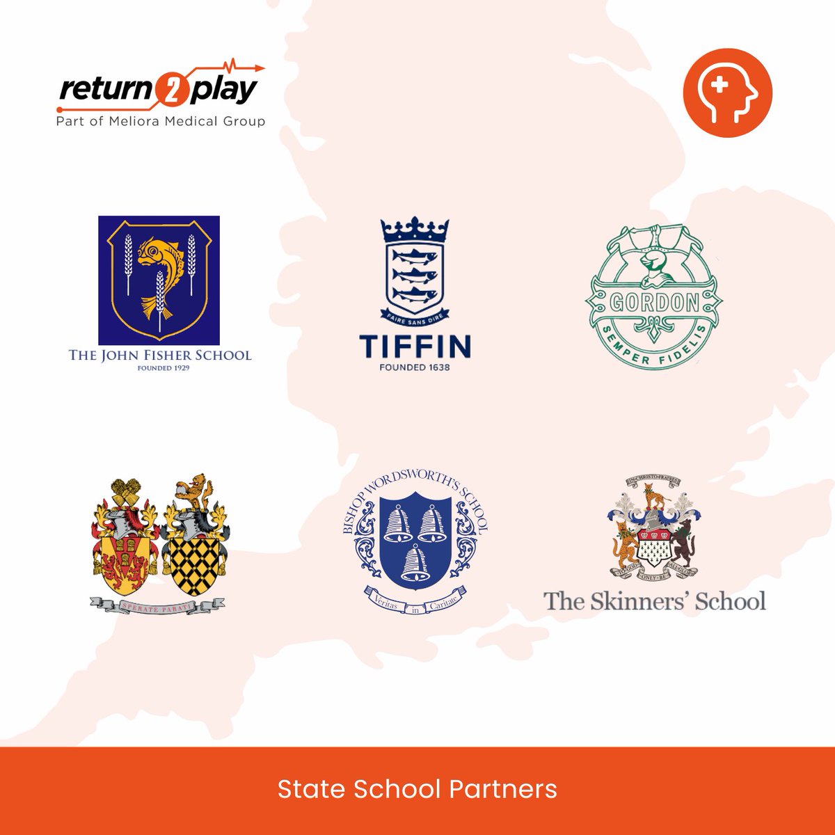 melioramedical1's tweet photo. #Return2Play are excited to showcase the #stateschools we have been collaborating with to enhance support for #pupilwellbeing and #sportsparticipants. Our current partners include @Tiffin_School, @LeopardTweets, @JohnFisherSport, @BWordsworths, @WBGSExcellence, and @GordonsSch. https://t.co/5FgUzw1LE6