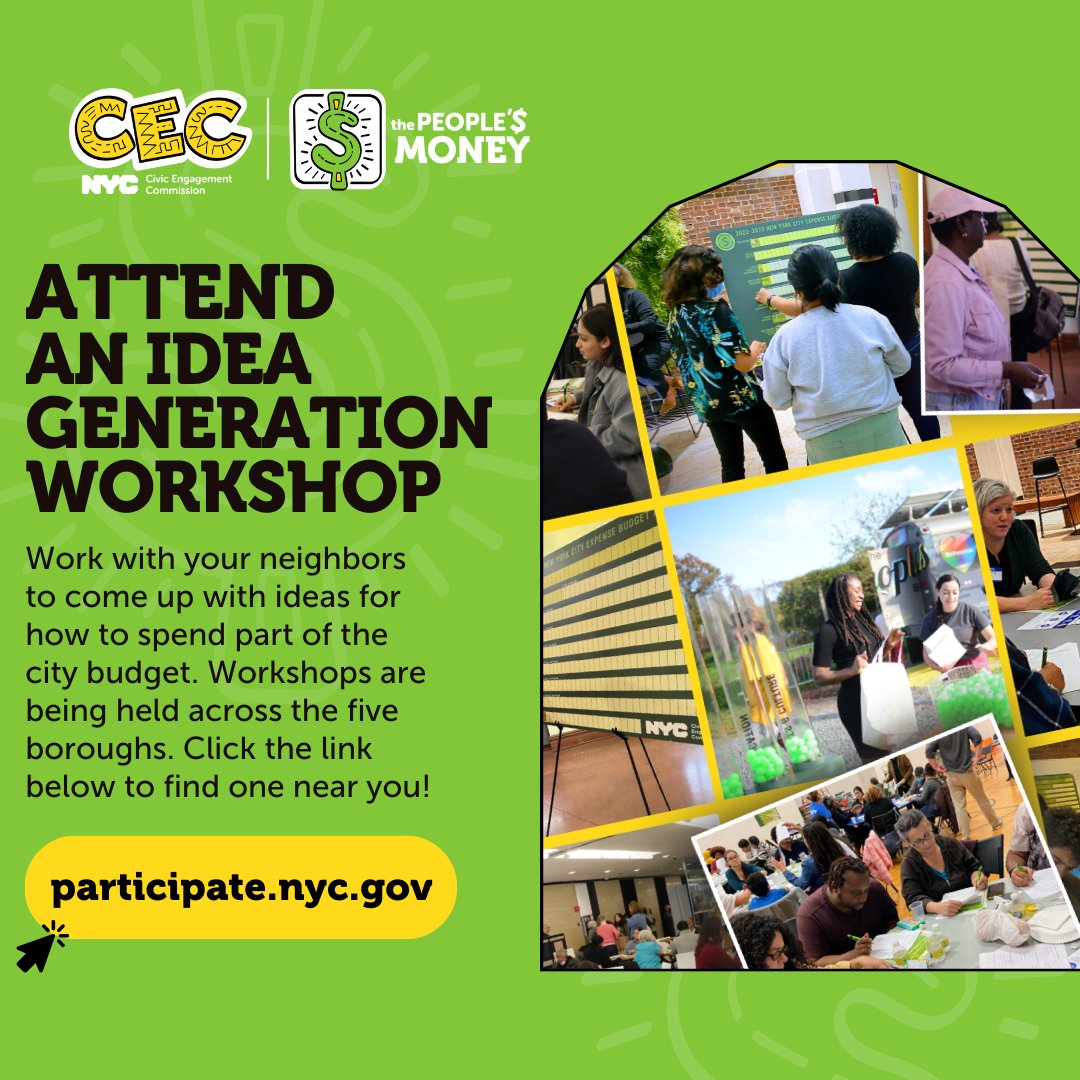 Prefer to submit your idea in person? #ThePeoplesMoney ideas workshops are being held by over 100 partners across the five boroughs! Visit participate.nyc.gov to find one near you.